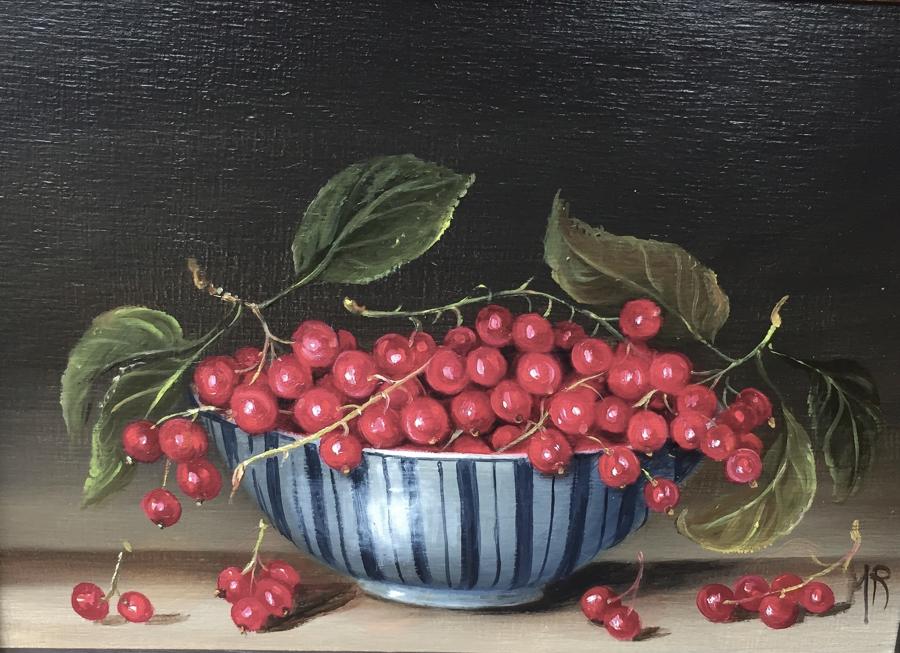 Oil painting of a bowl of red currants