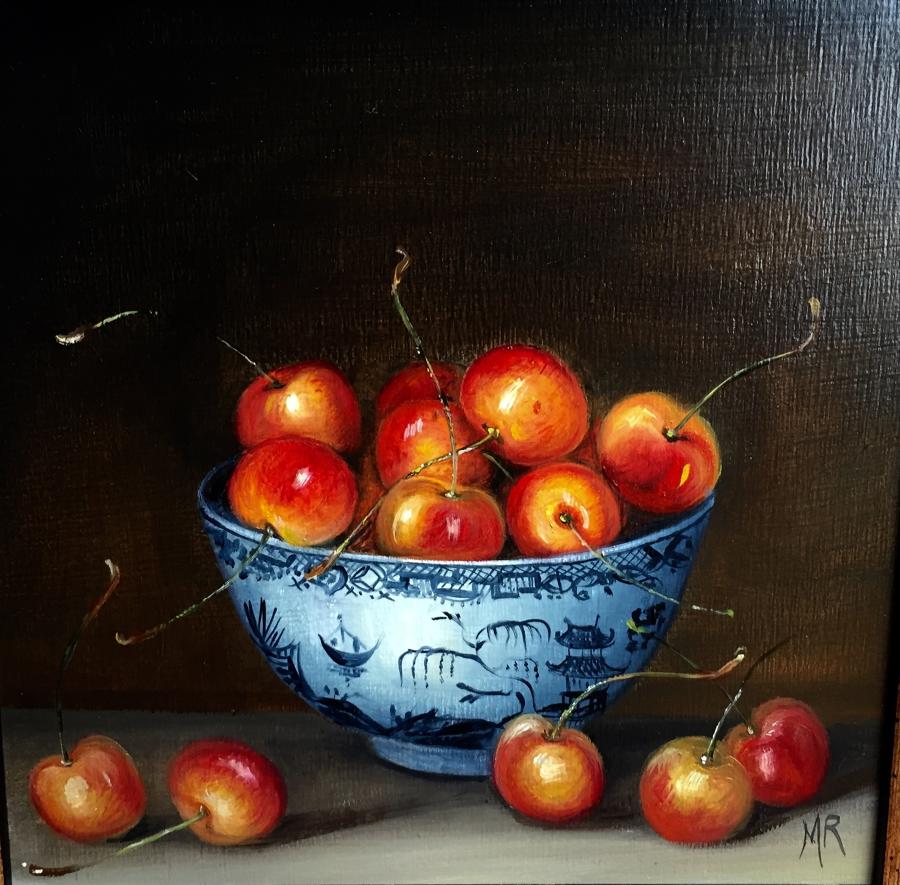 Painting of cherries in a bowl