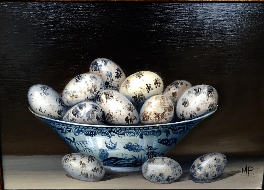 Oil painting of a bowl of quail's eggs