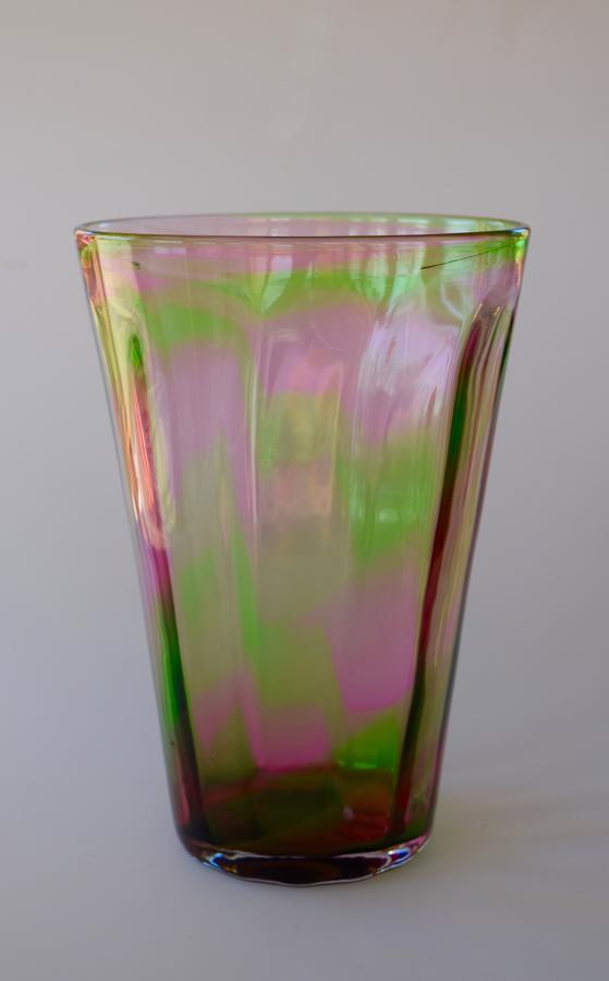 Pink/green rainbow vase, Stevens and Williams