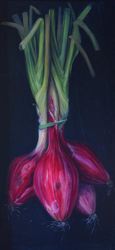 Hanging bunch of red onions