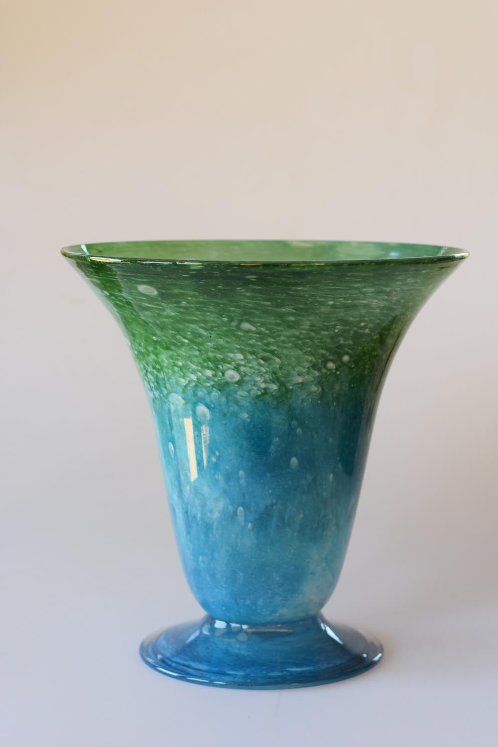 Blue green cloudy trumpet vase on base