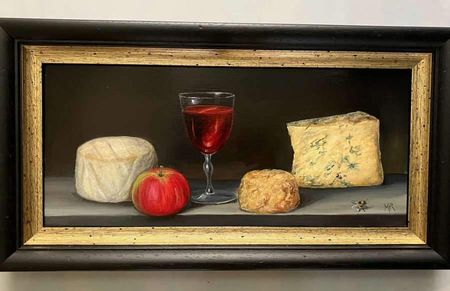 Still life with cheese ,apple and wine