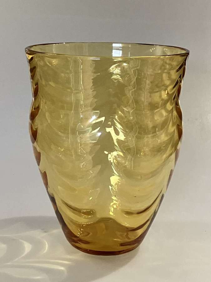 Wave ribbed urn shaped amber vase. Whitefriars