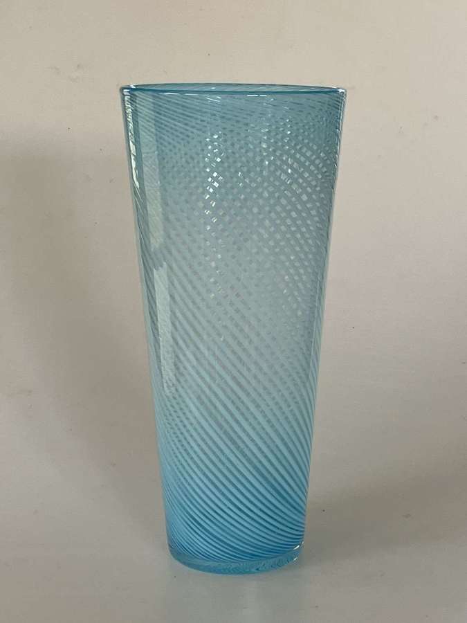 Tall turquoise  stripy bucket vase, Murano