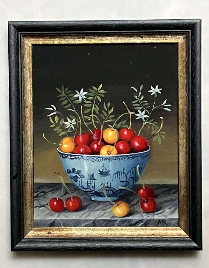 Bowl of cherries and flowers